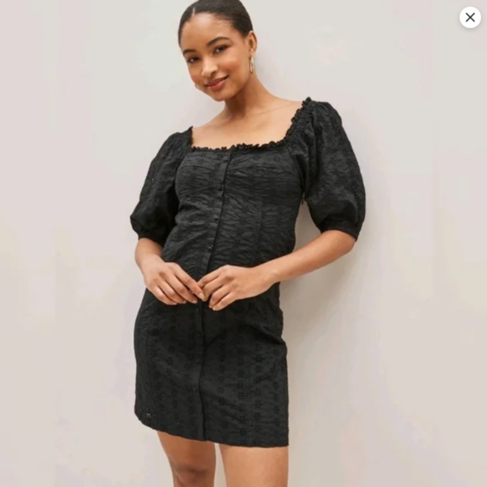 GAP Puff Sleeve Square Neck Eyelet Mini Dress (M) Black NEW - No Tags